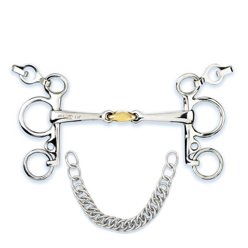 Classic Pelham cheeks frame the polished mouthpiece of this Stübben horse bit.