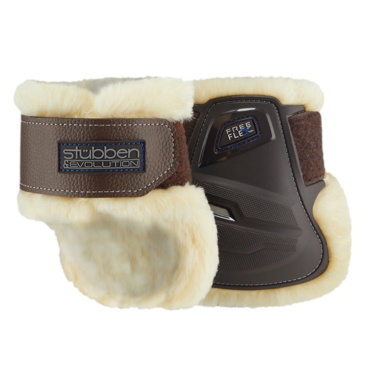 Fleece-lined Stübben fetlock boots designed to protect the horse’s hind legs.