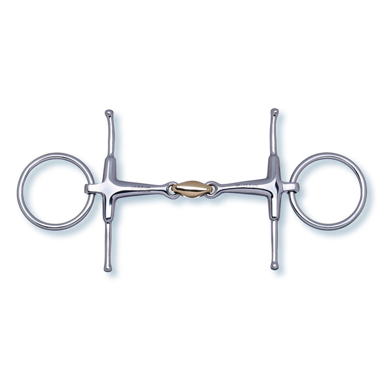 Double-jointed mouthpiece sits between the distinctive Fulmer cheeks of this Stübben bit.