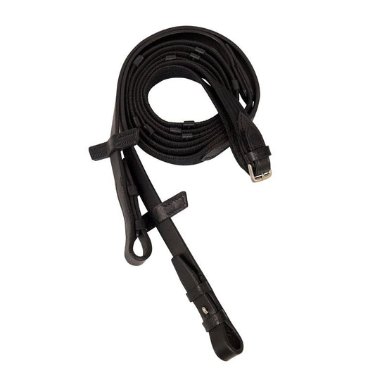 Stübben narrow web reins with five leather stops and practical hook fastenings.