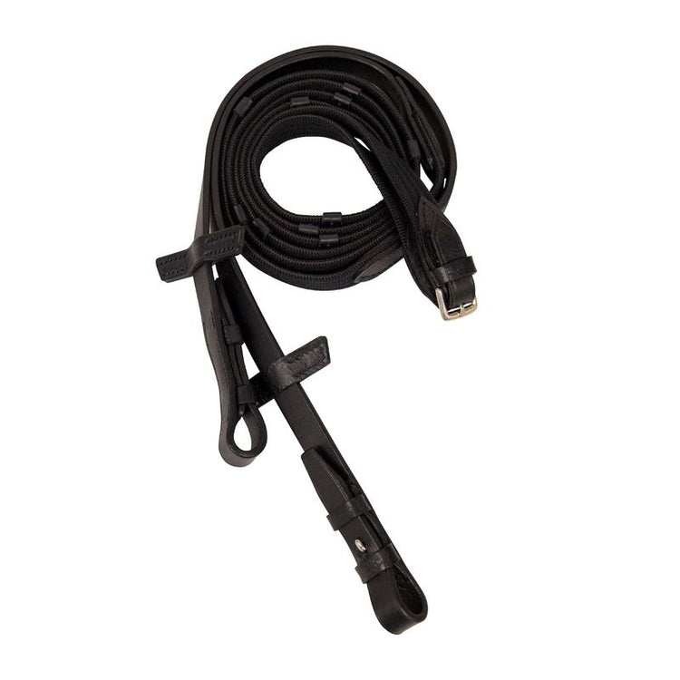 Stübben narrow web reins with five leather stops and practical hook fastenings.