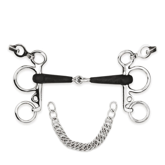 Stübben Pelham horse bit featuring a rubber-covered mouthpiece.