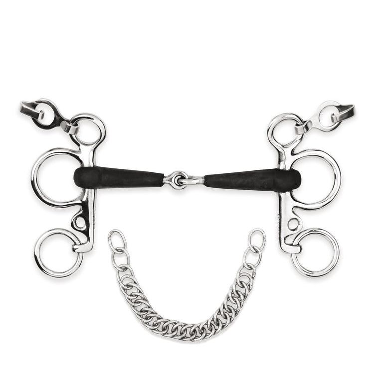 Stübben Pelham horse bit featuring a rubber-covered mouthpiece.