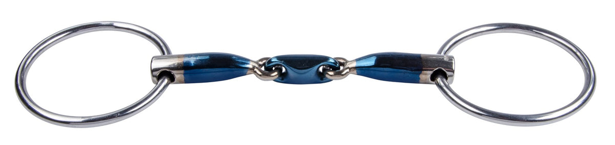 Sweet Iron cherry roller loose ring horse bit with rotating mouthpiece elements and movable snaffle rings.