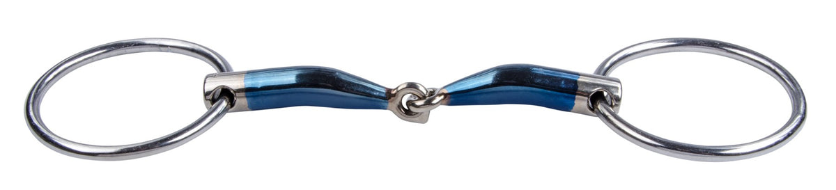 Sweet Iron loose ring horse bit with locking jointed mouthpiece and movable rings.