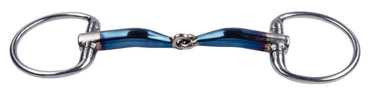 Sweet Iron single-jointed eggbutt horse bit with fixed rings and blue steel mouthpiece.